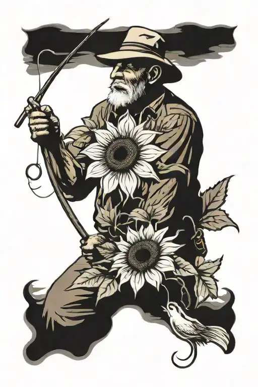 older man fishing sunflower tattoo design idea