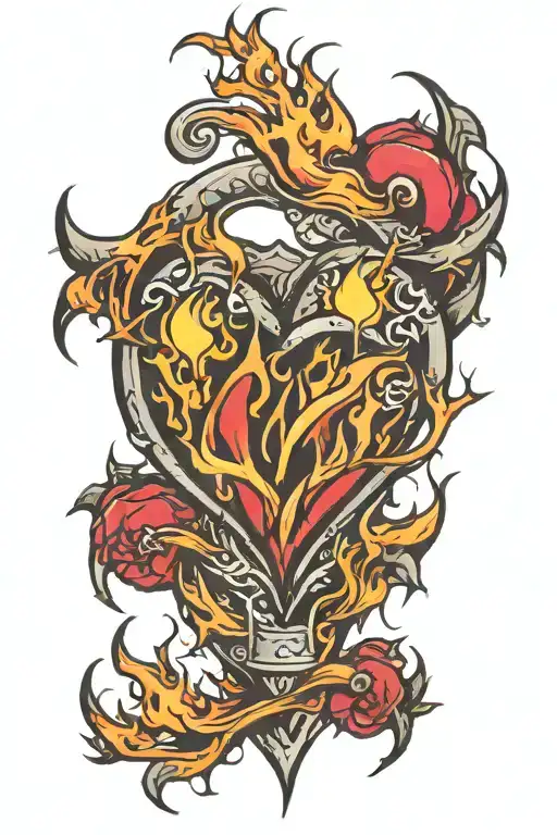 heart spikes and fire coming tattoo design idea
