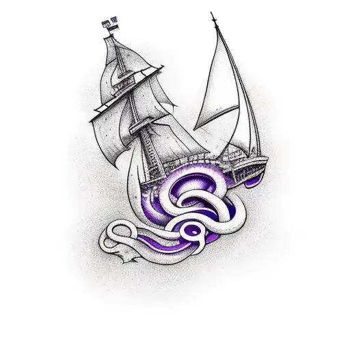 purple tentacle goes up from forearm to biceps where it catches sailing ship tattoo design idea