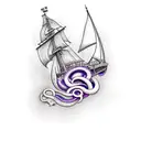 purple tentacle goes up from forearm to biceps where it catches sailing ship tattoo design idea