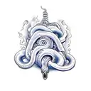 purple tentacle goes up from forearm to biceps where it catches sailing ship tattoo design idea