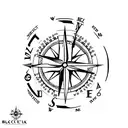 A minimalist tattoo of a compass and ski poles crossed together, symbolizing the client's love for both outdoor adventur tattoo design idea