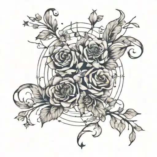 An intricate design of the Gemini constellation intertwined with vines of the January, February, April, May, and June birth flowers tattoo design idea