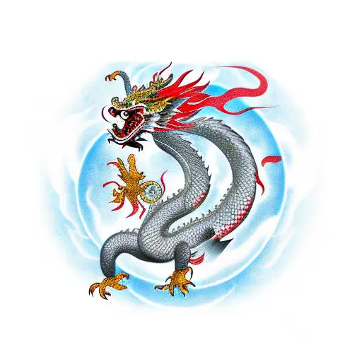 chinese dragon and phoenix bird over the dragon in the fire and smog tattoo design idea