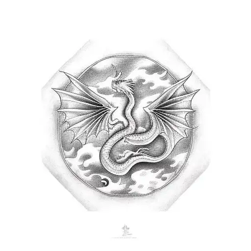 dragon and  phoenix bird in the fire and smog tattoo design idea
