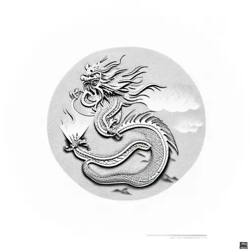 chinese dragon and  phoenix bird in the fire and smog tattoo design idea
