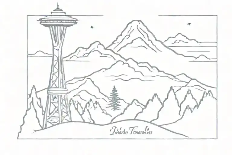 Snowboard mountain space needle single line tattoo design idea