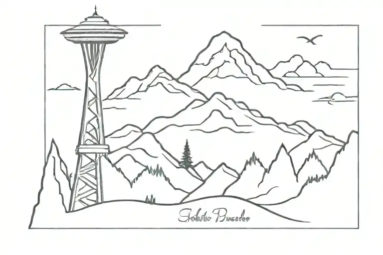 Snowboard mountain space needle tattoo design idea