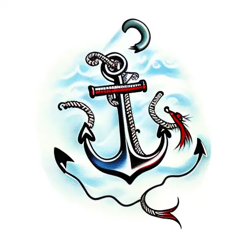 A traditional anchor with fishing hooks and a banner that says 'Father and Son' tattoo design idea