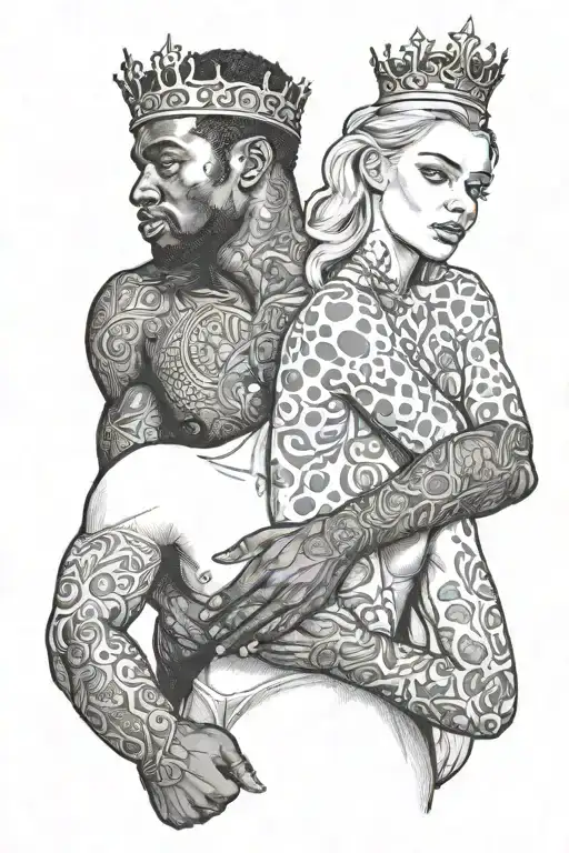 nude slim young blonde european girl riding muscular black man's back wearing crown tattoo design idea