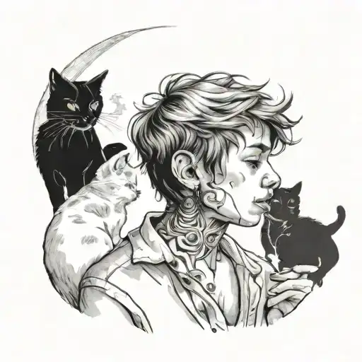 a young boy, standing, smoking a cigarette, looking at the full moon with 3 cats of different colors around him  tattoo design idea