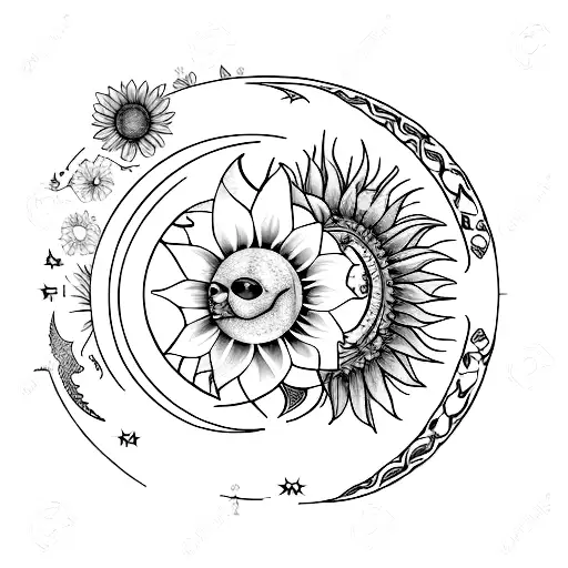 he moon phases, the Leo star constellation, sunflower, gladiolus. The tattoo will be black and gray ornamental and fine  tattoo design idea