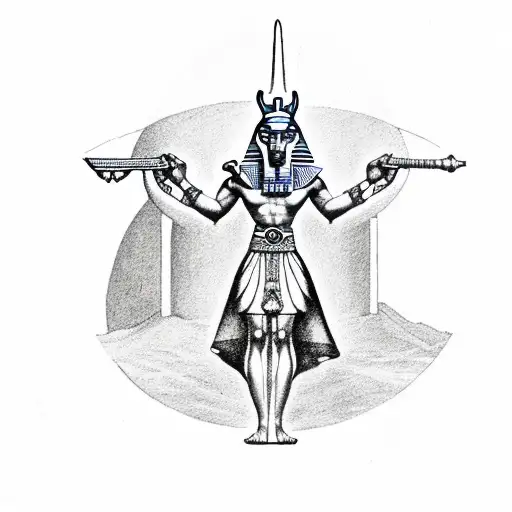 anubis holding egyptian cross and ukrainian herb tattoo design idea