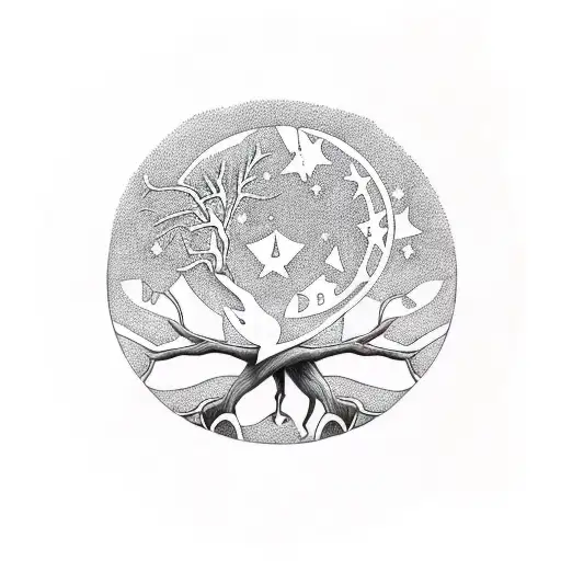 a tree with Sagittarius and Taurus in the front, pieces as the moon and Libra in the tree tattoo design idea
