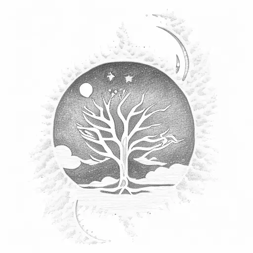 a tree with Sagittarius and Taurus in the front, pieces as the moon and Libra in the tree tattoo design idea