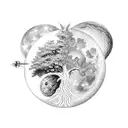 a tree with Sagittarius and Taurus in the front, pieces as the moon and Libra in the tree tattoo design idea