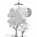 a tree with Sagittarius and Taurus in the front, pieces as the moon and Libra in the tree tattoo design idea