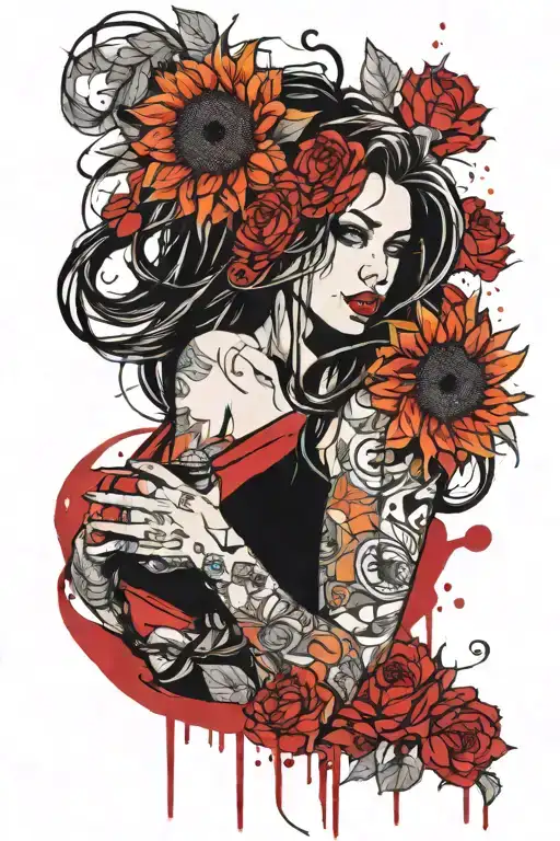 sexy disney Villian pinup girl with long hair and sunflowers  tattoo design idea