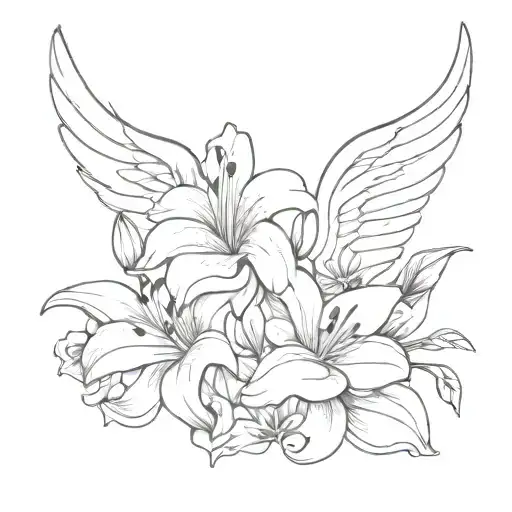 flowers, lilies, angel wings, mother's signature tattoo design idea