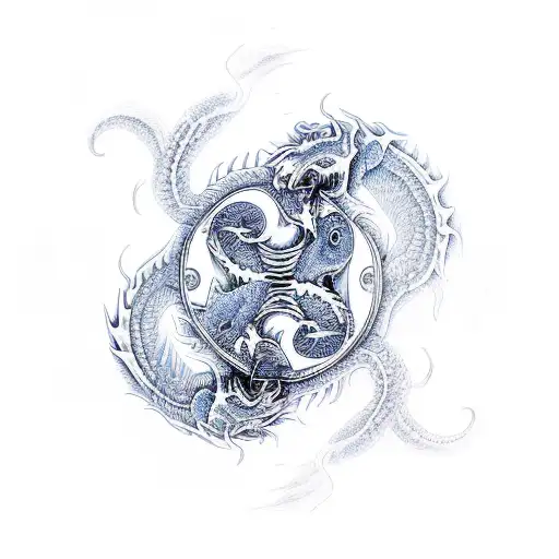 dragon ying yang with red/blue flames tattoo design idea
