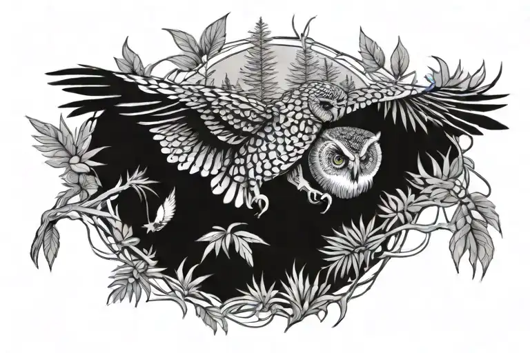 fly fishing, jungle, owl flying tattoo design idea