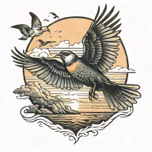 bird flies into the sunset tattoo design idea