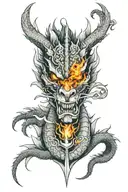 dragon head with Templar knight surrounded by wind, fire and wayer tattoo design idea