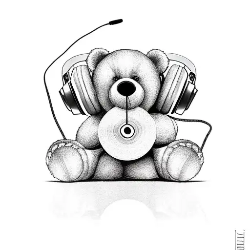 A teddy bear wearing headphones and holding a vinyl record, combining the client's love for music and favorite childhood toy tattoo design idea