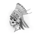 a vibrant depiction of a traditional Metis headdress juxtaposed on a stylized yet detailed human skull side profile, hea tattoo design idea