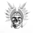 a vibrant depiction of a traditional Metis headdress juxtaposed on a stylized yet detailed human skull side profile, hea tattoo design idea