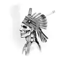a vibrant depiction of a traditional Metis headdress juxtaposed on a stylized yet detailed human skull side profile, hea tattoo design idea