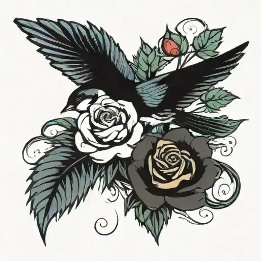 swallow bird with roses and scottish thistle tattoo design idea