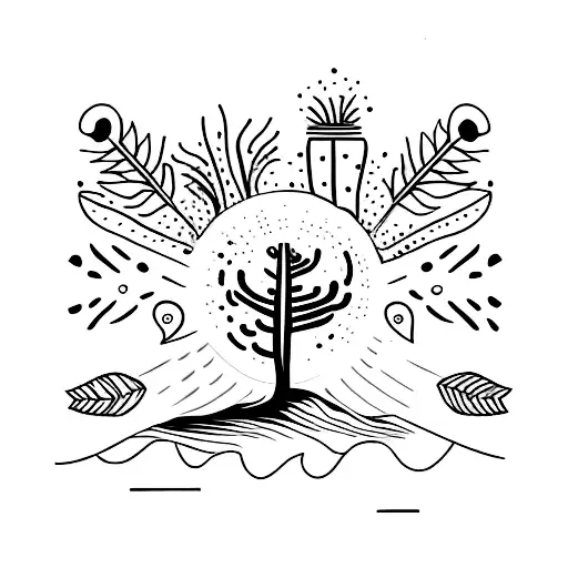 tattoo sleeve including Tree, cards, cactus, bull skull, feather tattoo design idea