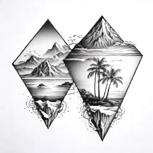2 diamonds in 3d. one with the mountains of Reunion Island (Piton Des Neiges + Grand Benard). one with beach, palmtree tattoo design idea
