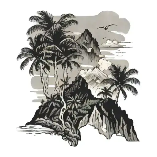  the mountains of Reunion Island (Piton Des Neiges at top and bottom beach palmtree. all floating in the air tattoo design idea
