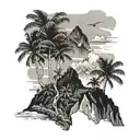  the mountains of Reunion Island (Piton Des Neiges at top and bottom beach palmtree. all floating in the air tattoo design idea