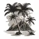  the mountains of Reunion Island (Piton Des Neiges at top and bottom beach palmtree. all floating in the air tattoo design idea