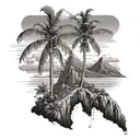  the mountains of Reunion Island (Piton Des Neiges at top and bottom beach palmtree. all floating in the air tattoo design idea