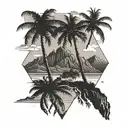  the mountains of Reunion Island (Piton Des Neiges at top and bottom beach palmtree. all floating in the air tattoo design idea