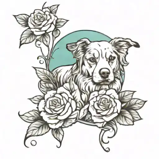 A neotraditional design of a peaceful garden scene with roses and your favorite dog tattoo design idea