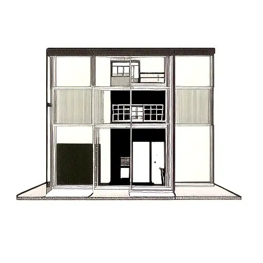 A minimalist tattoo of a home with a cinema screen as the door and cats lounging around tattoo design idea