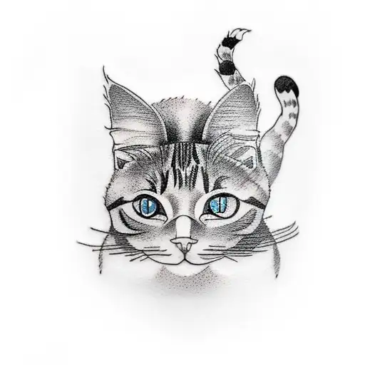 A minimalist tattoo of a home with a cinema screen as the door and cats lounging around tattoo design idea