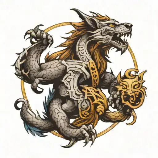 dragon, lion, wolf, cross, viking sleeve tattoo tattoo design idea