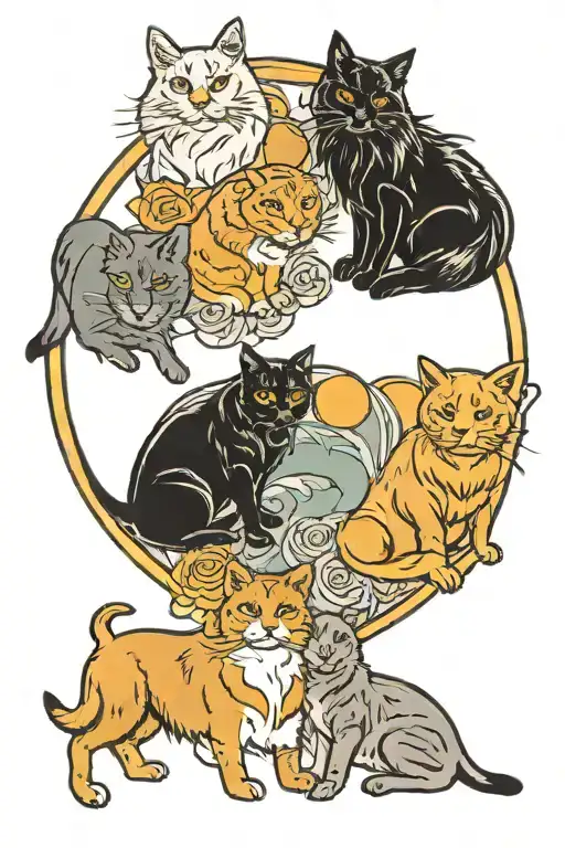 one shorthair black cat and one gray longhair cat, 2 gold fish, and 1 yellow lab and a golden retriever in a circle.  tattoo design idea