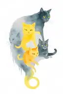 one shorthair black cat and one gray longhair cat, 2 gold fish, and 1 yellow lab tattoo design idea