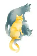 one shorthair black cat and one gray longhair cat, 2 gold fish, and 1 yellow lab tattoo design idea
