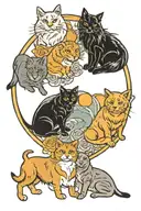 one shorthair black cat and one gray longhair cat, 2 gold fish, and 1 yellow lab and a golden retriever in a circle.  tattoo design idea