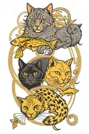 one shorthair black cat and one gray longhair cat, 2 gold fish, and 1 yellow lab and a golden retriever in a circle.  tattoo design idea
