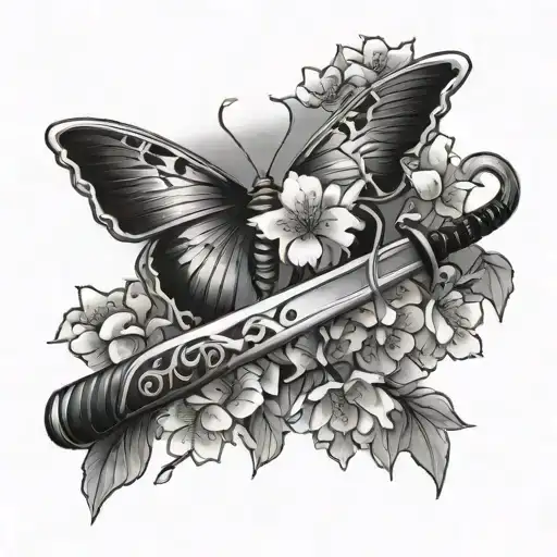 cherry blossom wrapped around a sword and a butterfly on handle tattoo design idea