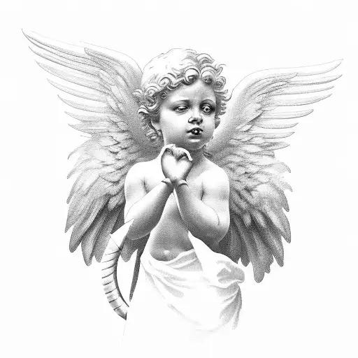 Cupid with wings, the Cupid look like Greek methodology. Cupid hold the arrow backwards with the sharp point his heart tattoo design idea